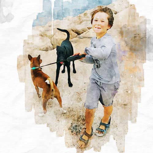 Акварель из фотографии мальчик и собаки