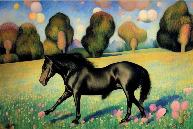 Black horse as a dog on a meadow